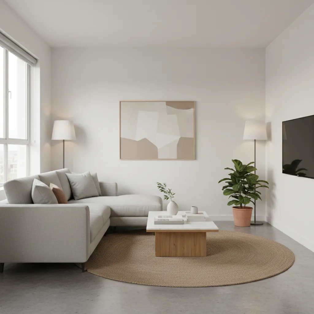 Salón moderno pequeño con pocos muebles y diseño minimalista