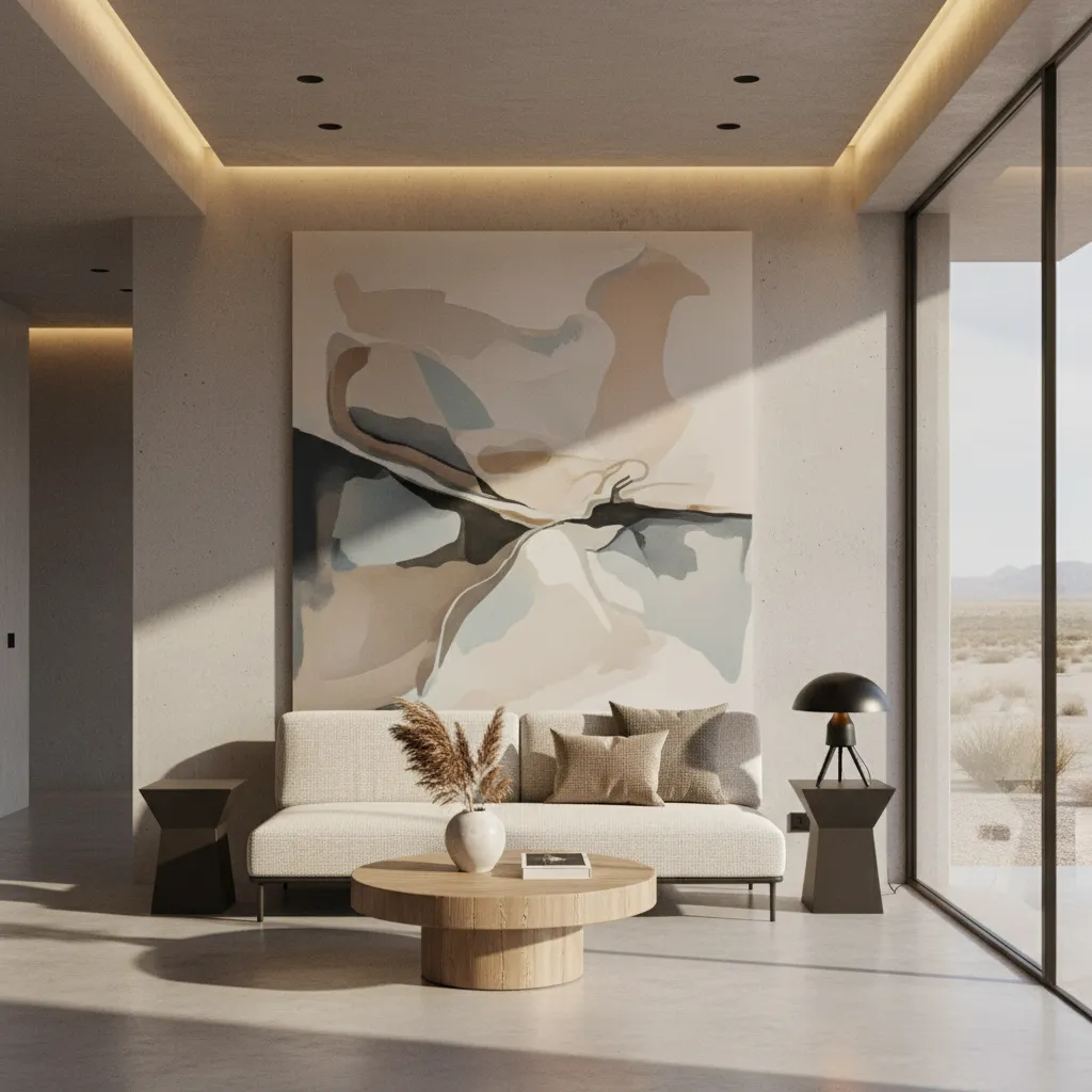 Minimalist living room with beige sofa, large abstract wall art, wooden coffee table and lamp