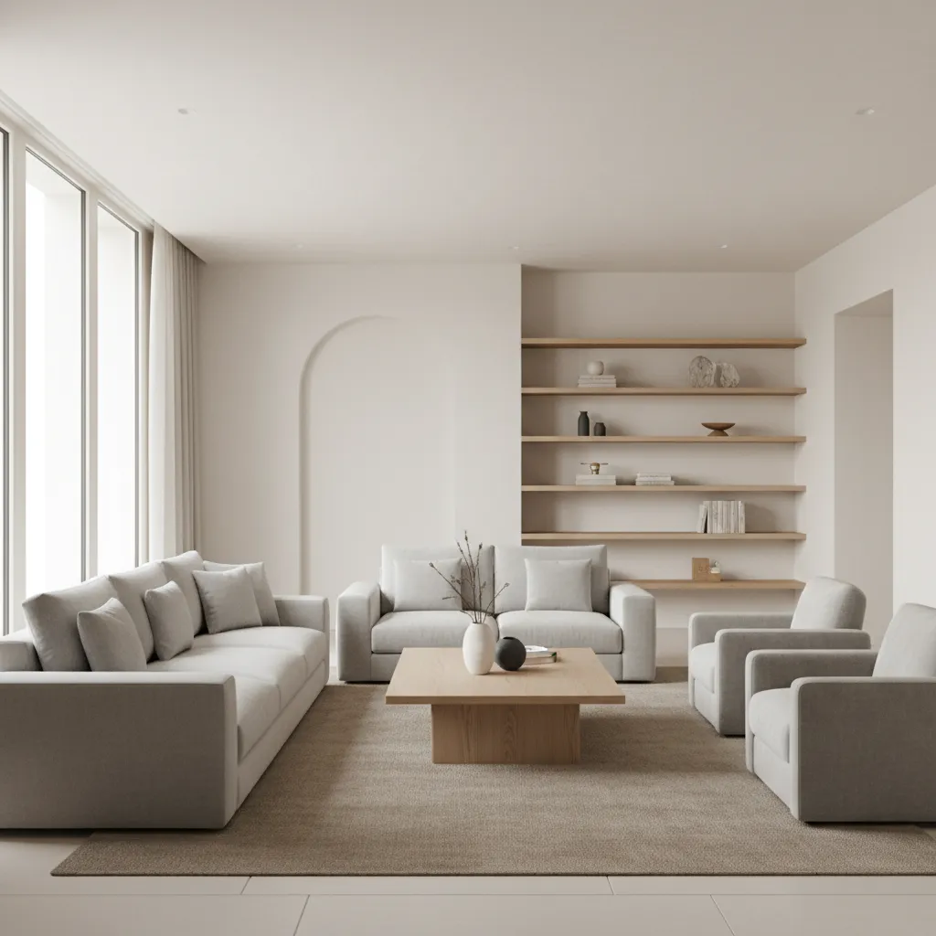 Minimalist living room with beige sofas, wooden coffee table, large rug, and open wooden shelves