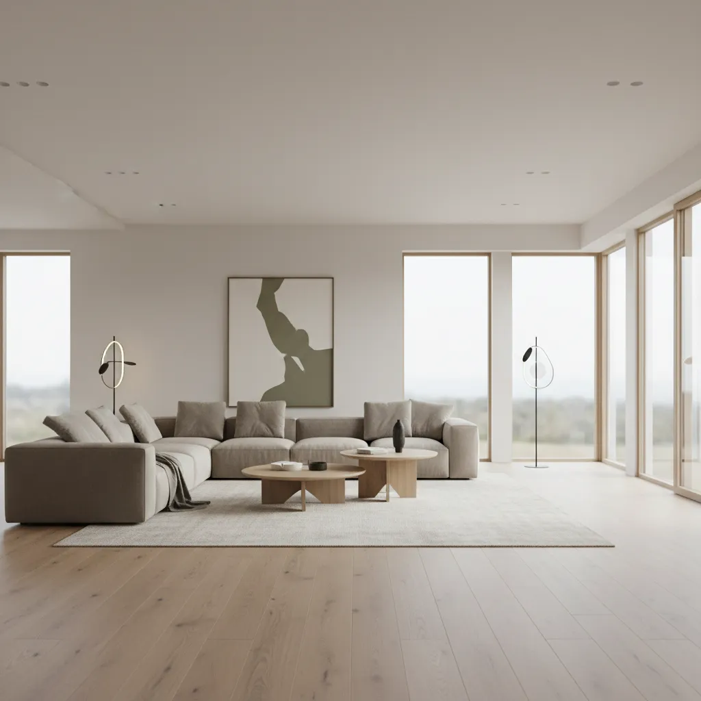 Minimalist living room with large grey sofa wooden coffee tables and big windows with view