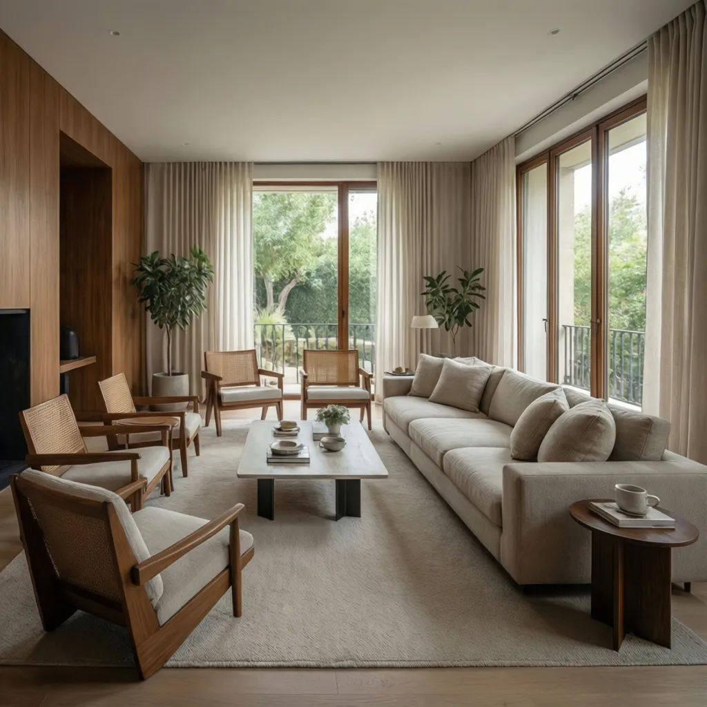 Salón minimalista inspirado en principios del diseño interior español contemporáneo