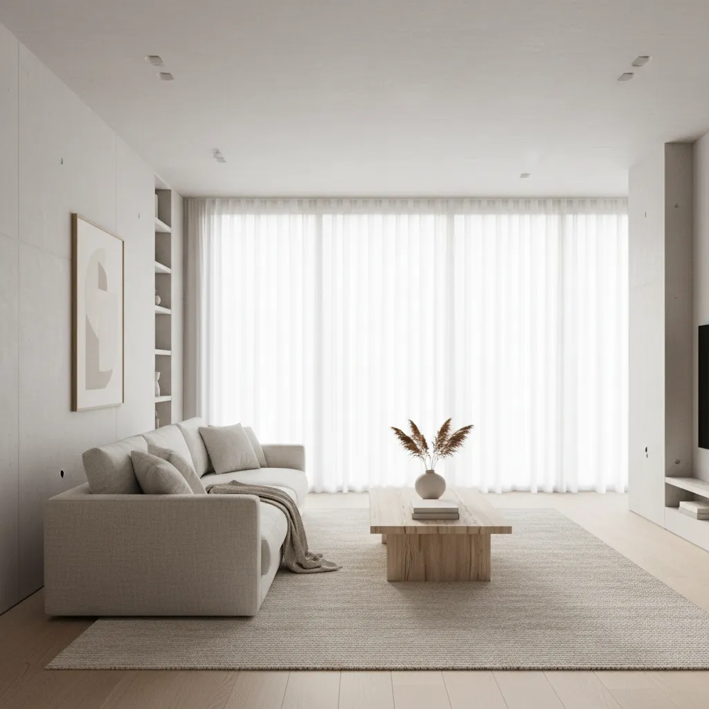 Salón minimalista con tonos neutros y gran entrada de luz natural