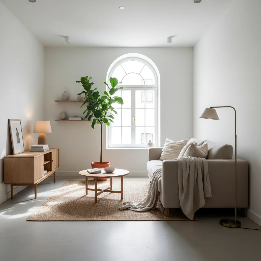 Salón minimalista con sofá neutro, madera clara y decoración natural