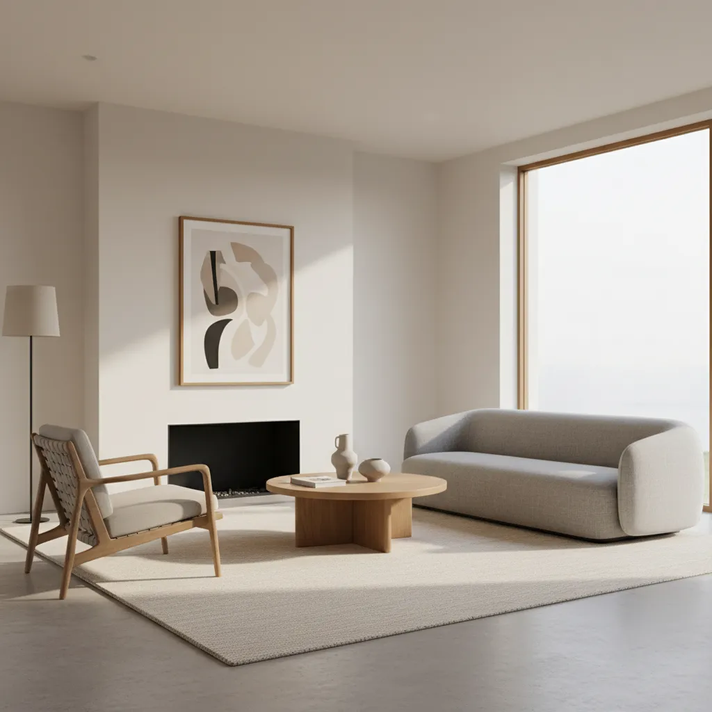 Minimalist living room interior design drawing with grey sofa wooden coffee table fireplace and window