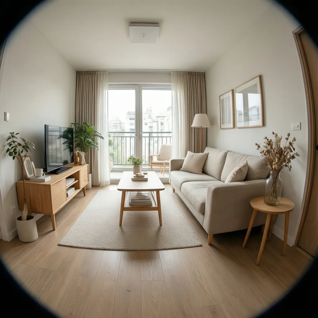 Salón de piso pequeño con decoración minimalista y tonos neutros
