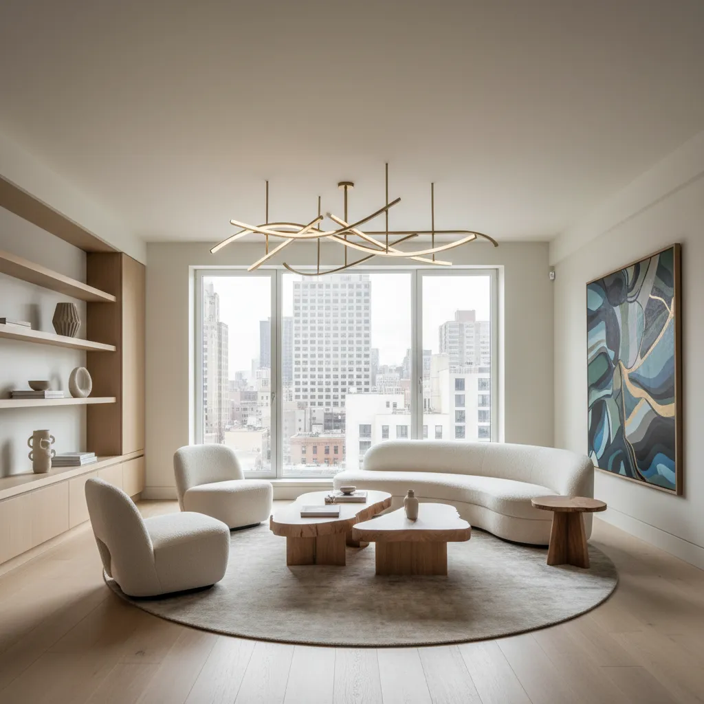 Modern living room with curved white sofa wooden coffee tables city view and ceiling light
