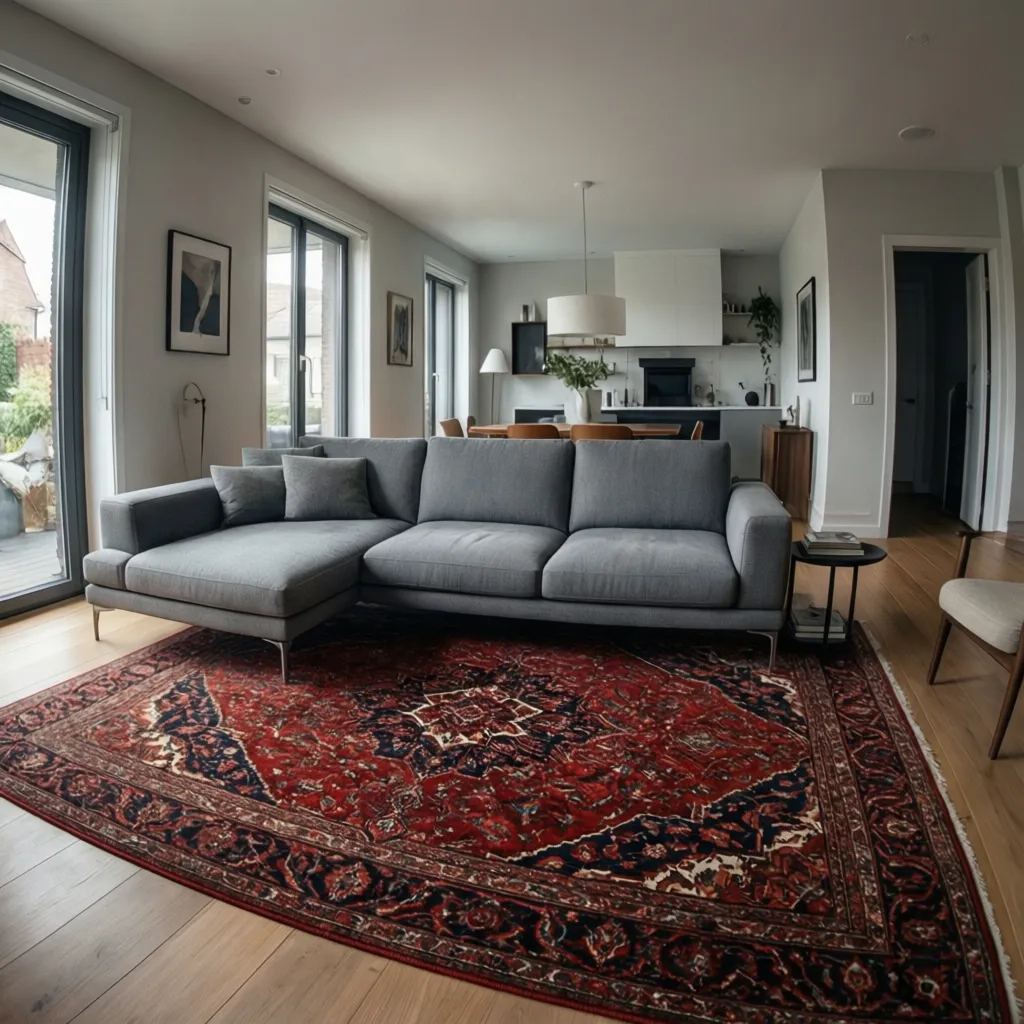 Salón contemporáneo con alfombra persa roja y sofá gris moderno