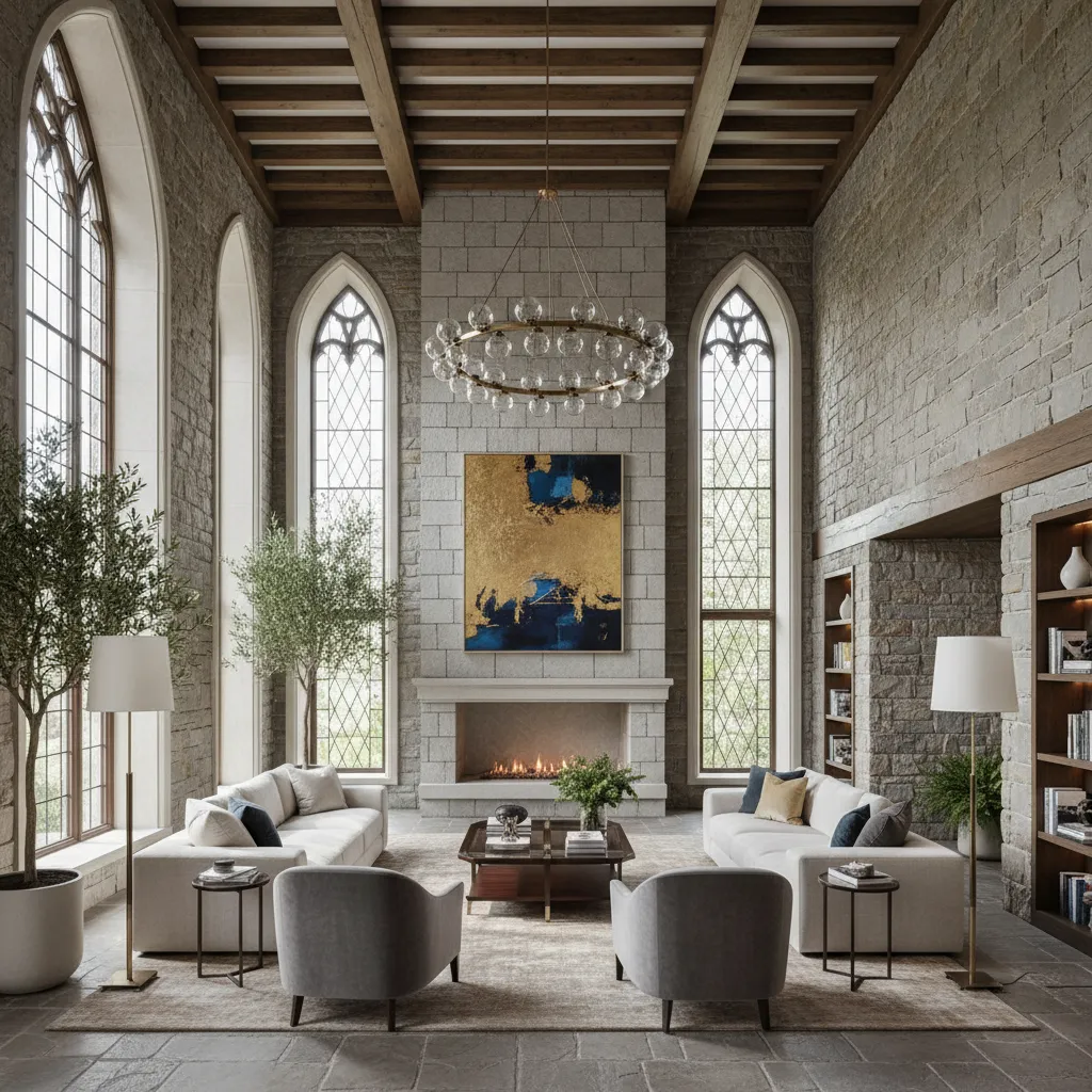 Salón moderno dentro de una casa con estética de castillo