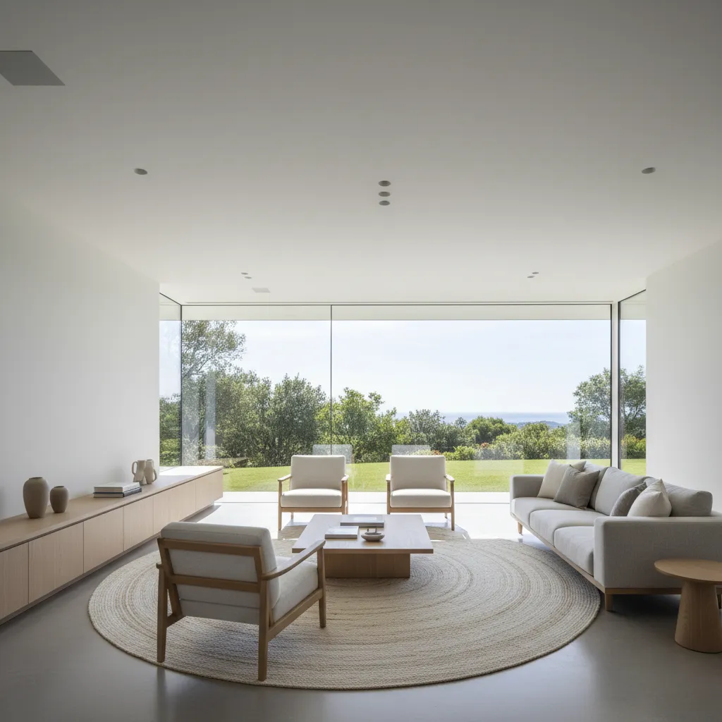 Salón moderno equilibrado en casa de una planta