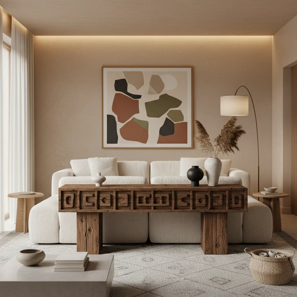 Salón moderno con mueble étnico de madera y decoración minimalista