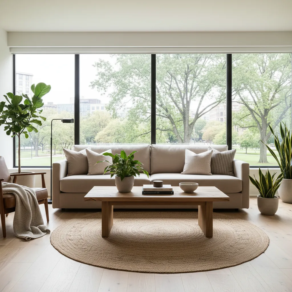 Salón moderno decorado con sofá beige, mesa de centro y grandes ventanales