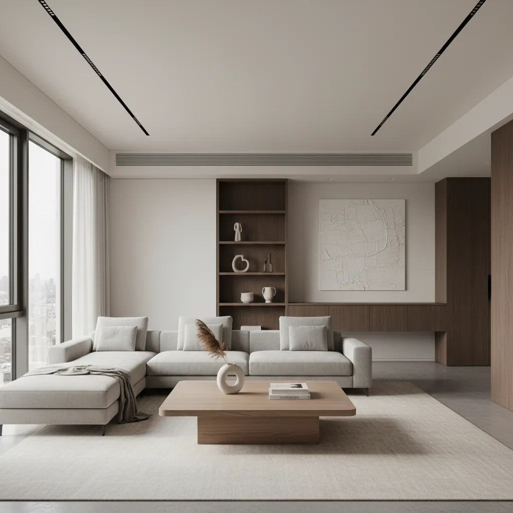Salón moderno bien diseñado con iluminación equilibrada y mobiliario contemporáneo