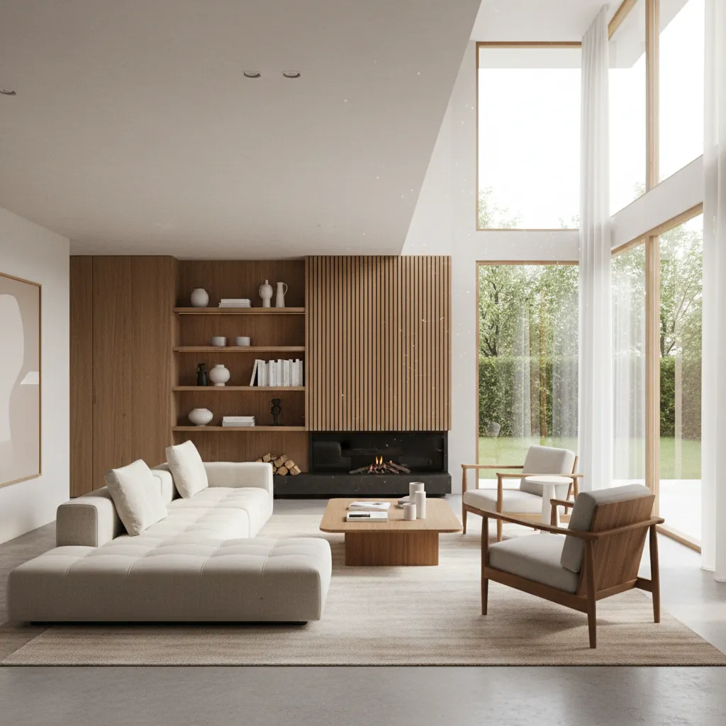 Modern living room with white sofa wooden coffee table fireplace wall panel and large windows