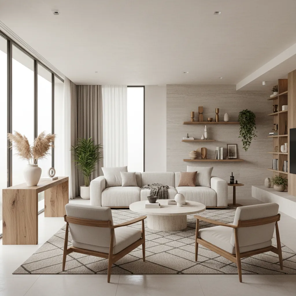 Salón moderno diseñado profesionalmente con iluminación equilibrada