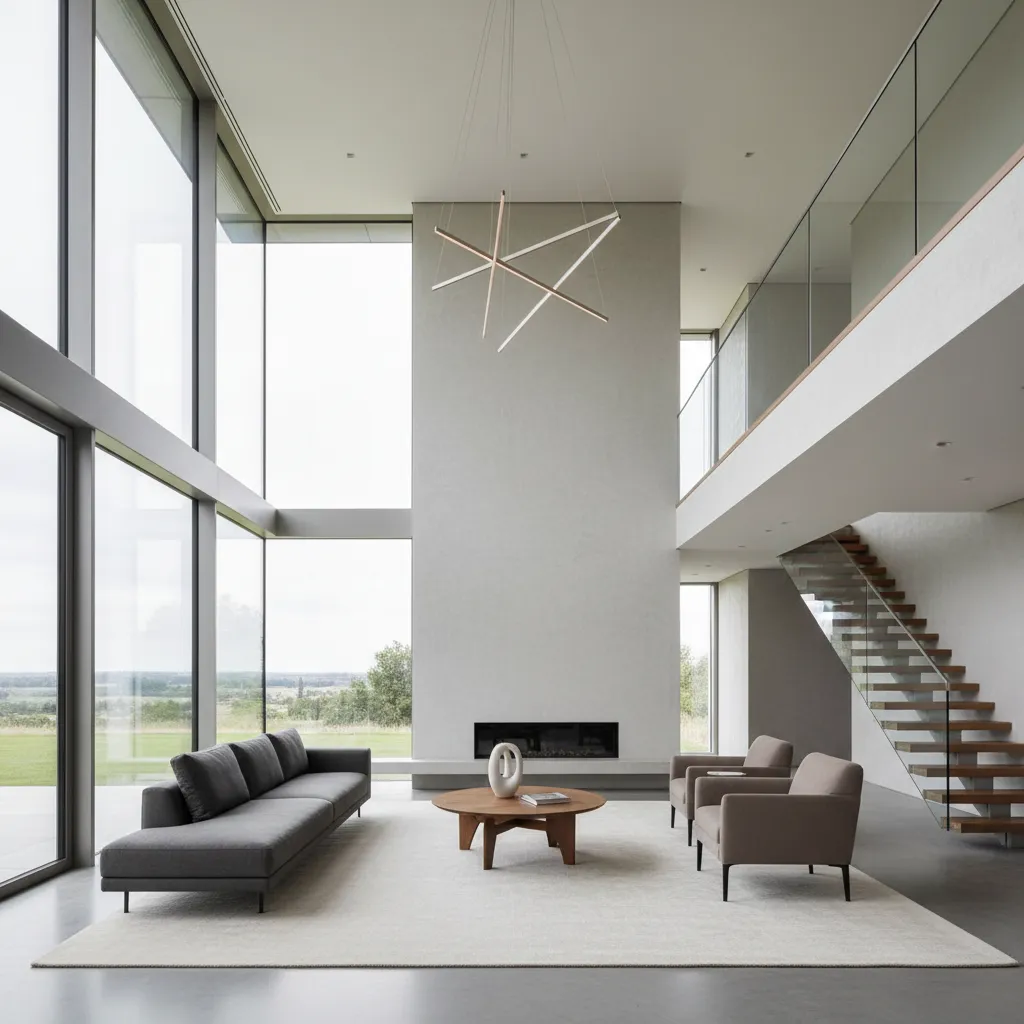 Salón moderno con doble altura y grandes ventanales