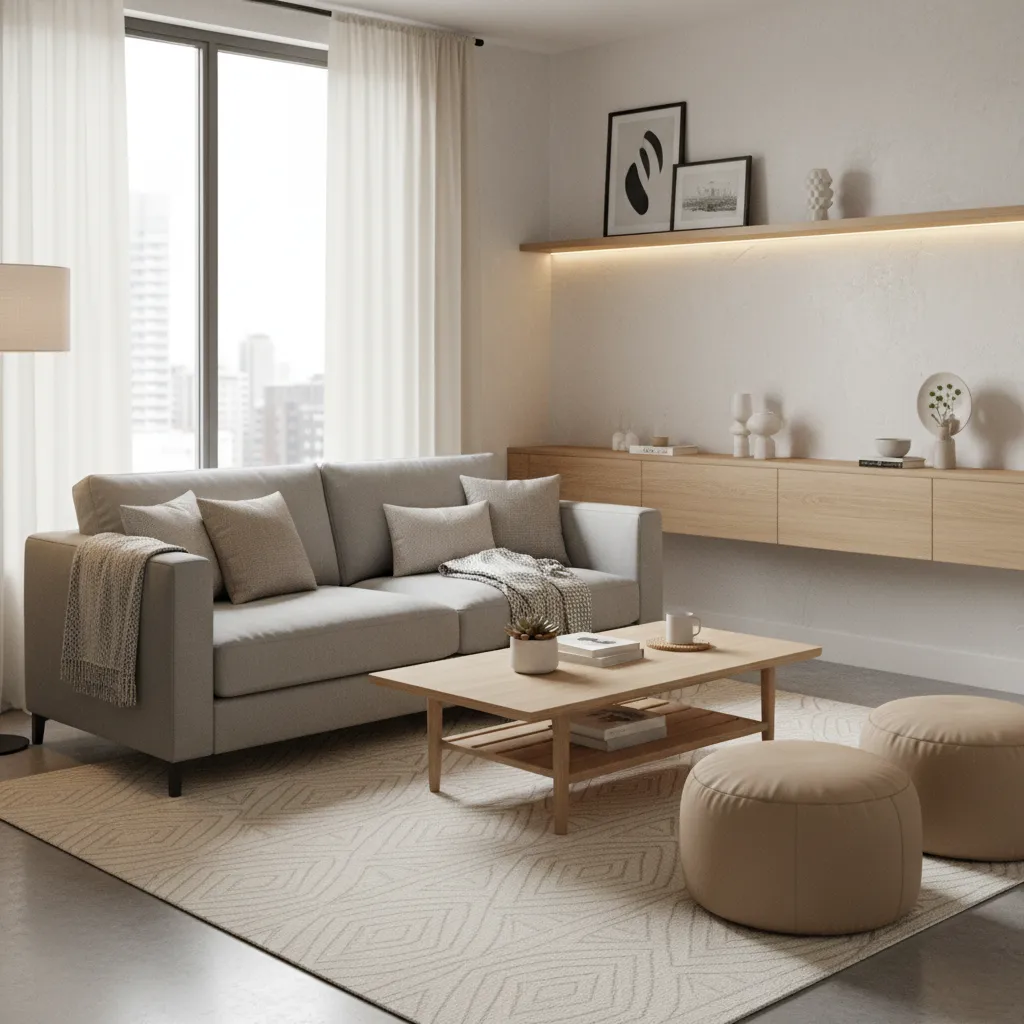 Modern living room with gray sofa, wooden coffee table, two beige footrests, and wall shelf