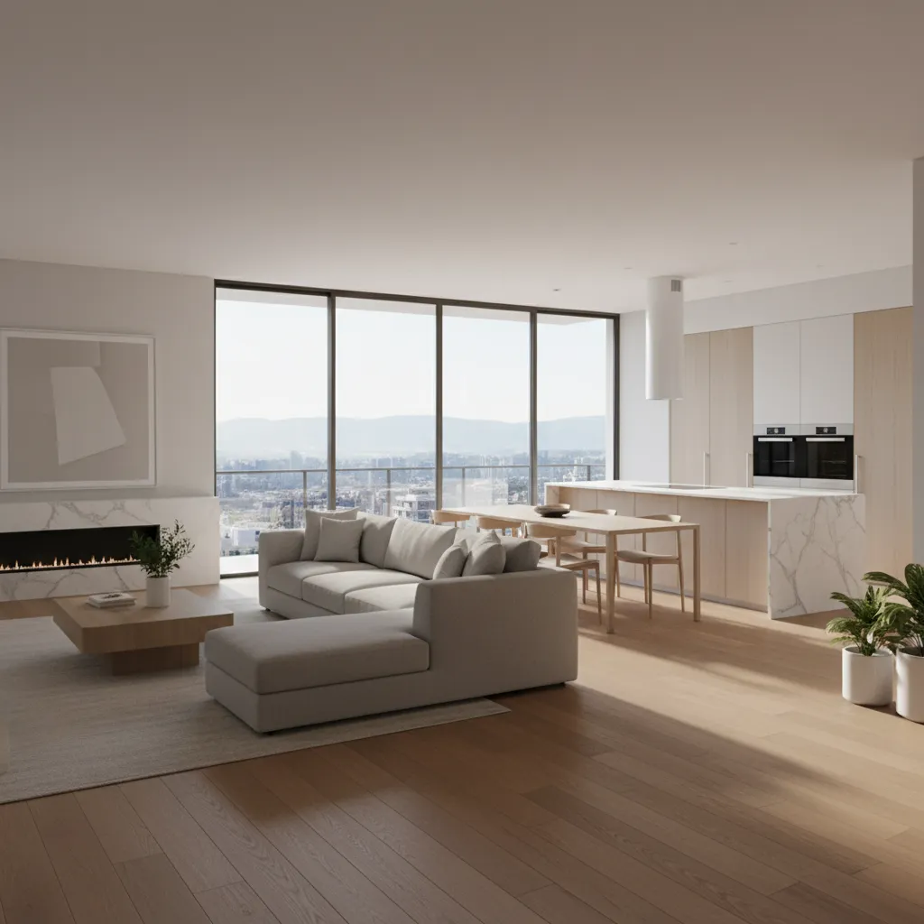 Open plan living room with grey sofa marble kitchen island wood floor and city view