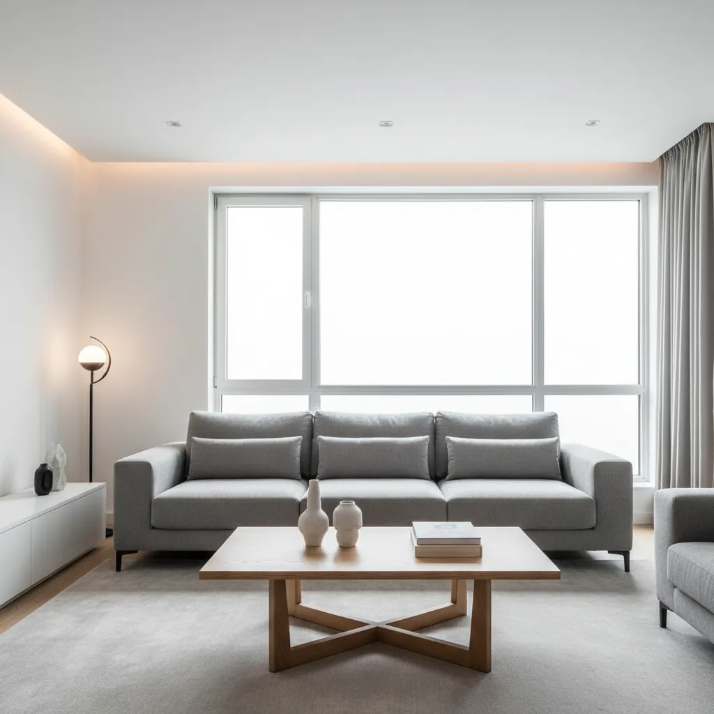 Diseño de interior de salón moderno gris y blanco