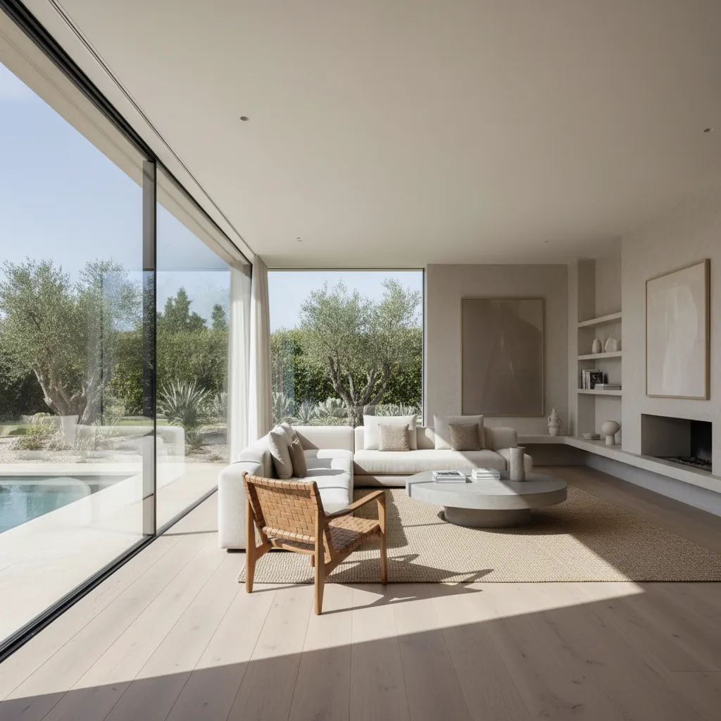 Salón amplio con ventanales grandes y conexión con jardín en casa moderna