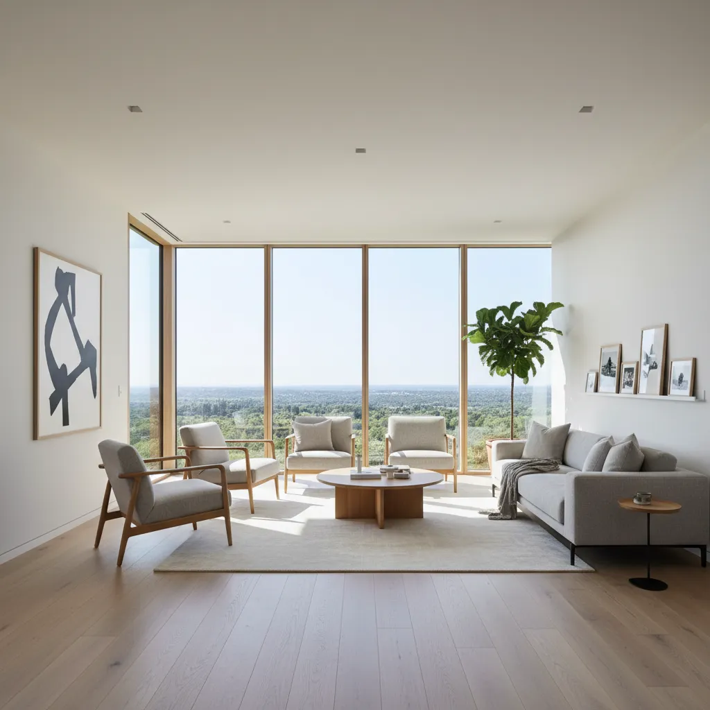 Salón moderno con grandes ventanas y diseño minimalista