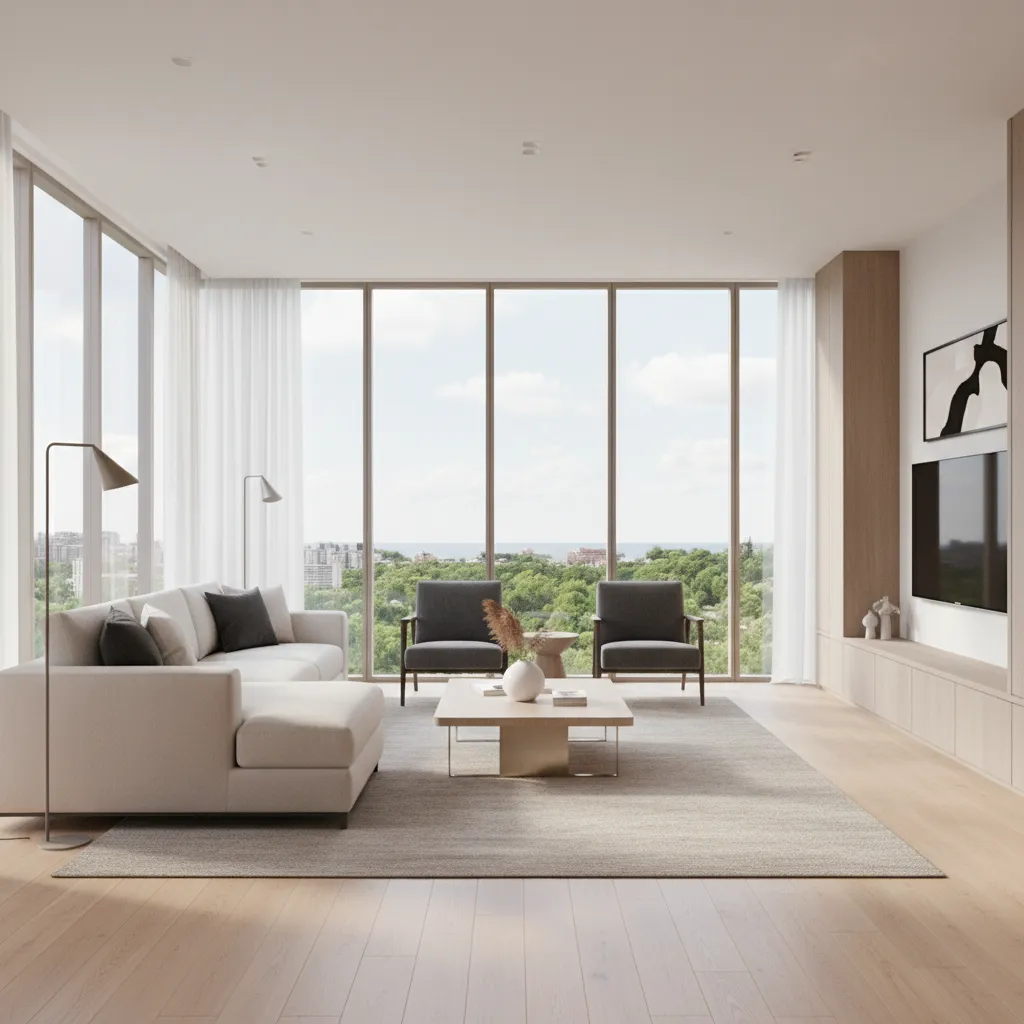 Salón moderno con grandes ventanales y decoración minimalista