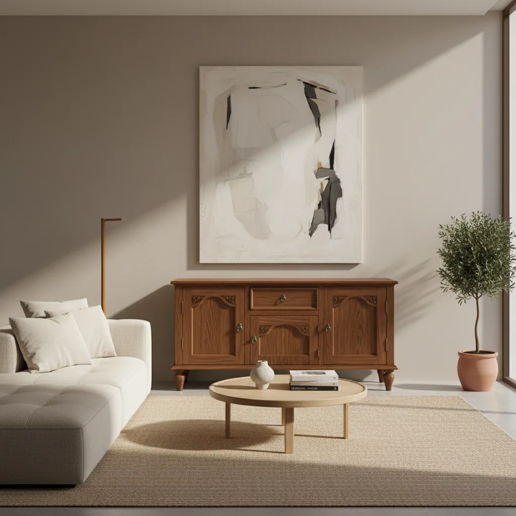 Living room featuring beige sofa round coffee table wooden cabinet large wall painting and plant