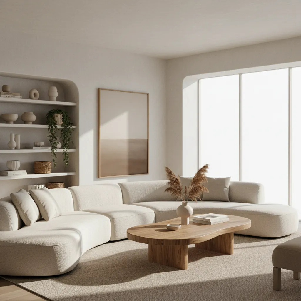 Minimalist living room with curved white sofa organic wooden coffee table and decorative wall shelves