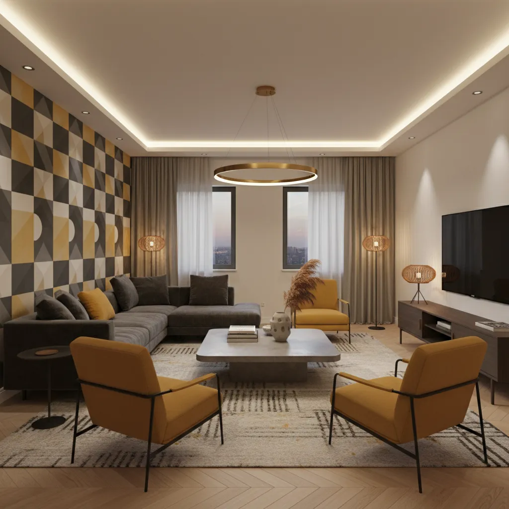 Salón contemporáneo con pared decorativa con papel tapiz geométrico