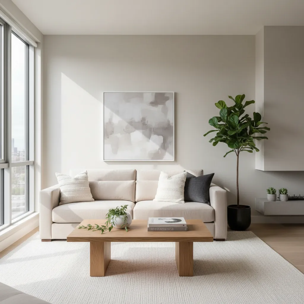 Salón moderno de piso con sofá neutro, mesa de madera y decoración minimalista