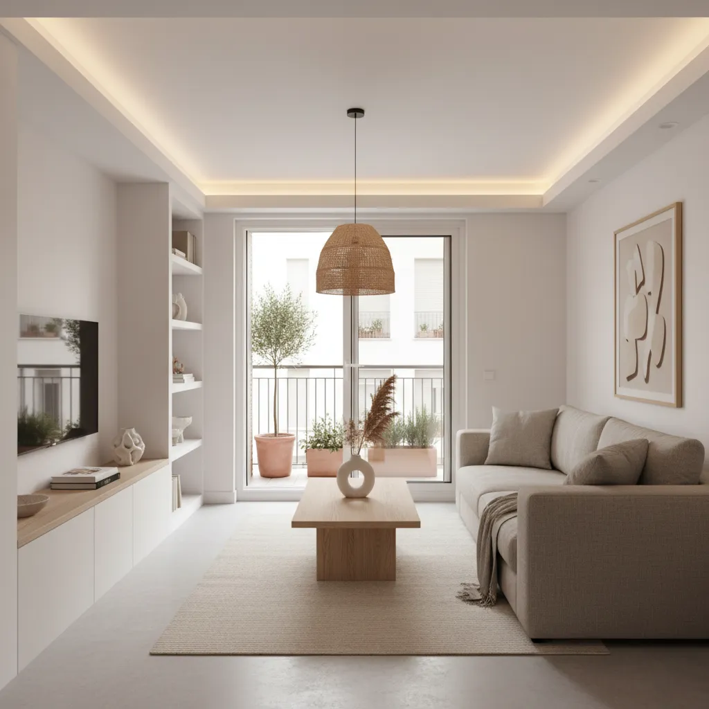 Salón moderno bien distribuido en un apartamento pequeño