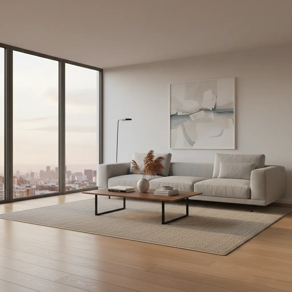 Visualización 3D de salón moderno en apartamento