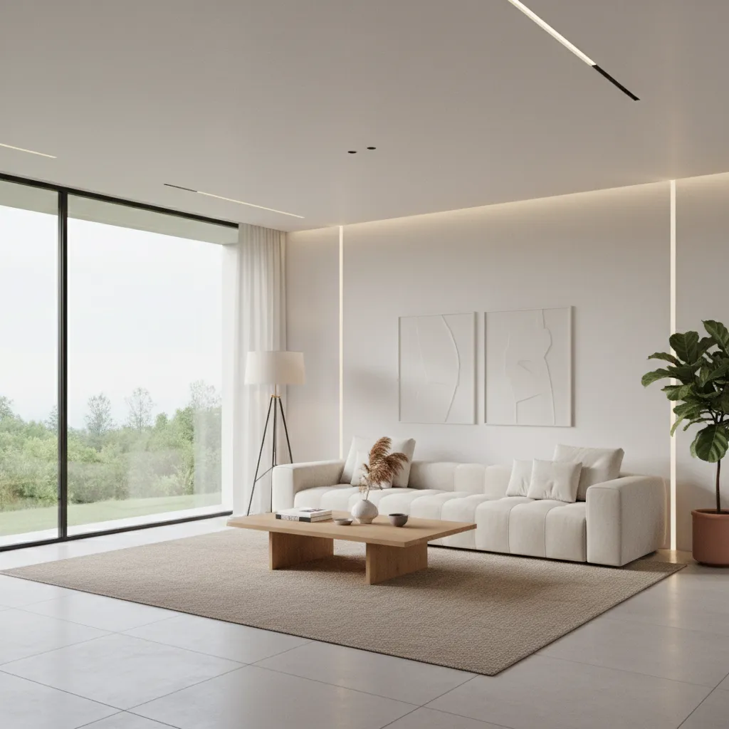 Minimalist living room with white sofa wooden coffee table floor lamp and green potted plant