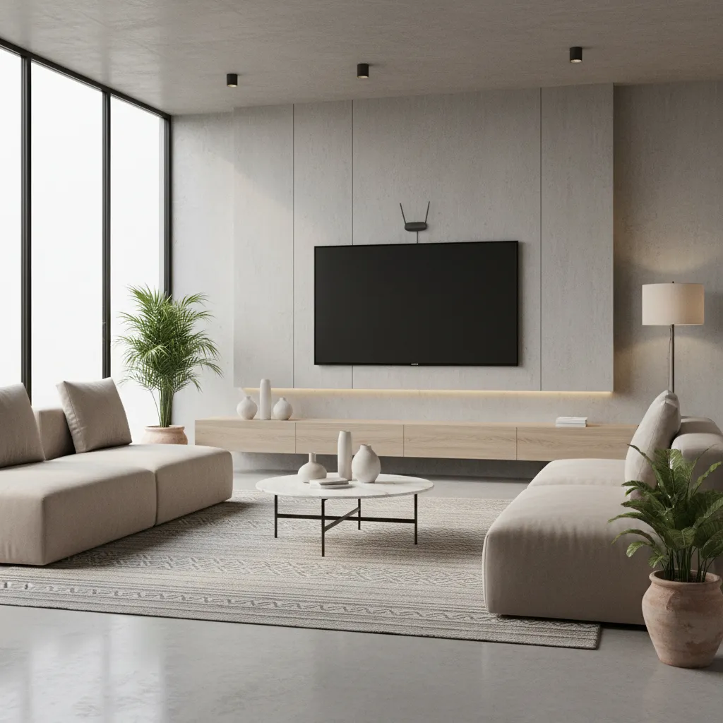 Salón moderno con televisor montado en pared y antena discreta