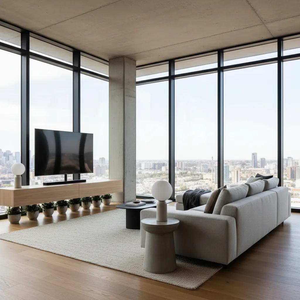 Modern living room with grey sofa, wooden cabinet, television, large windows, and beautiful city view