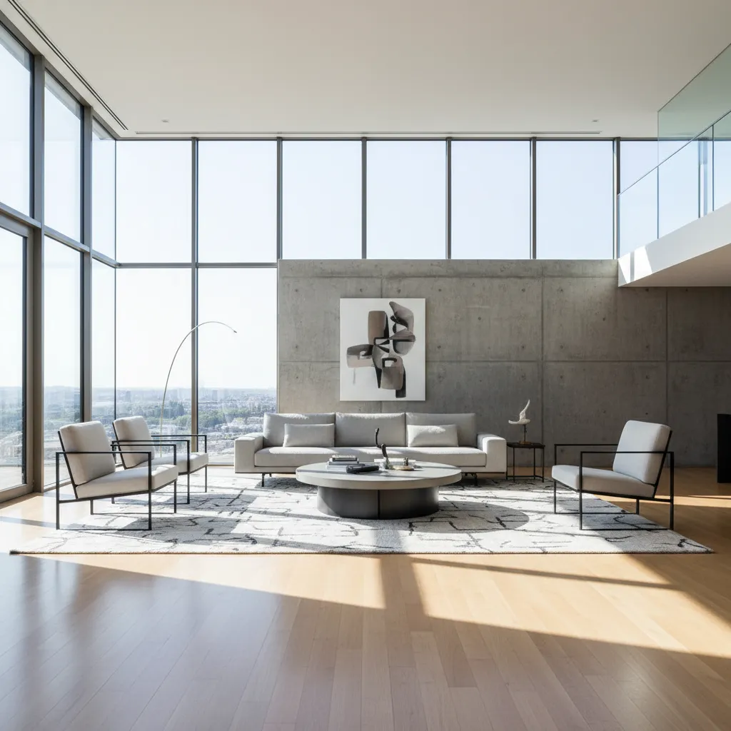 Salón moderno con ventanales de suelo a techo y diseño minimalista