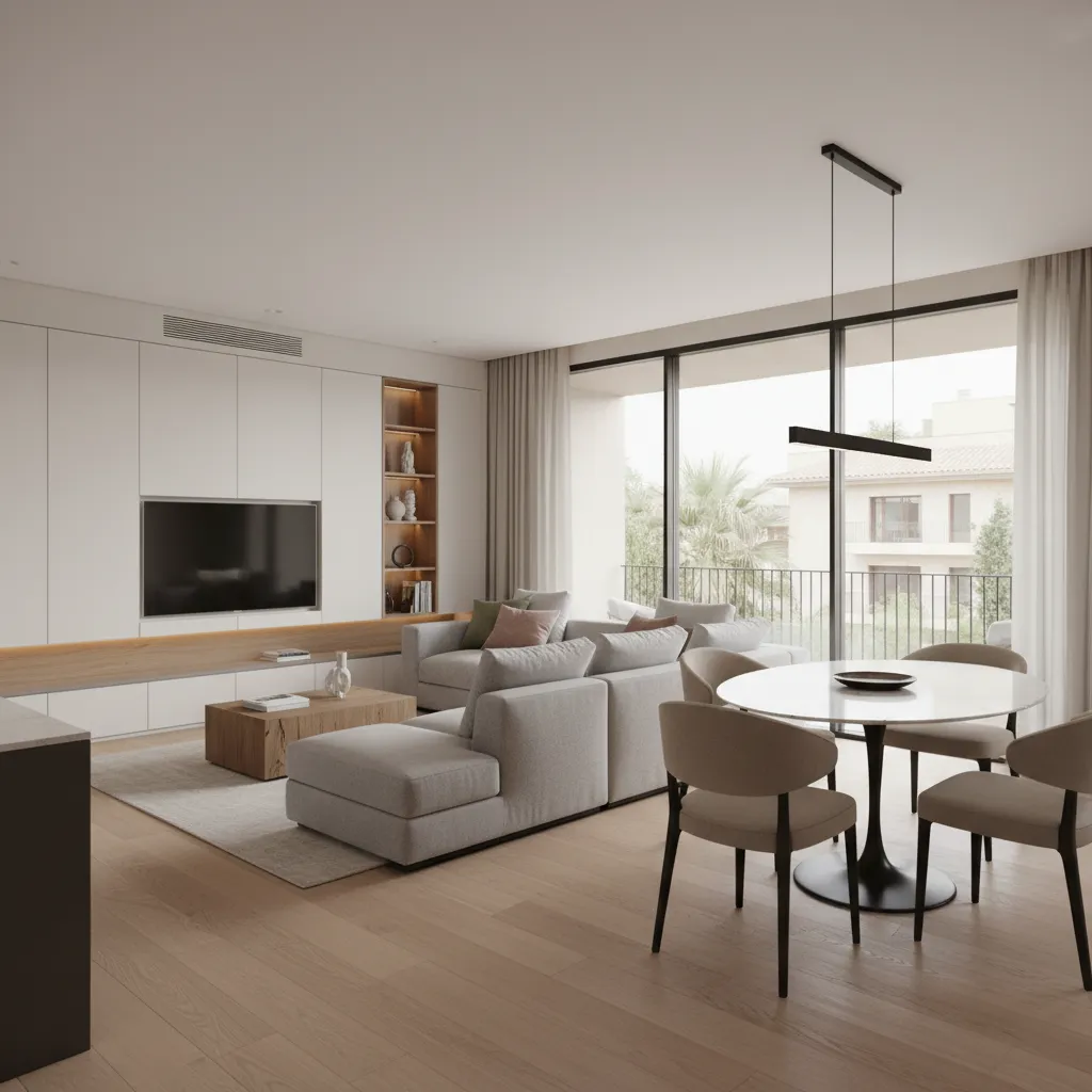 Modern living room with grey sofa dining table ceiling light and floor to ceiling windows