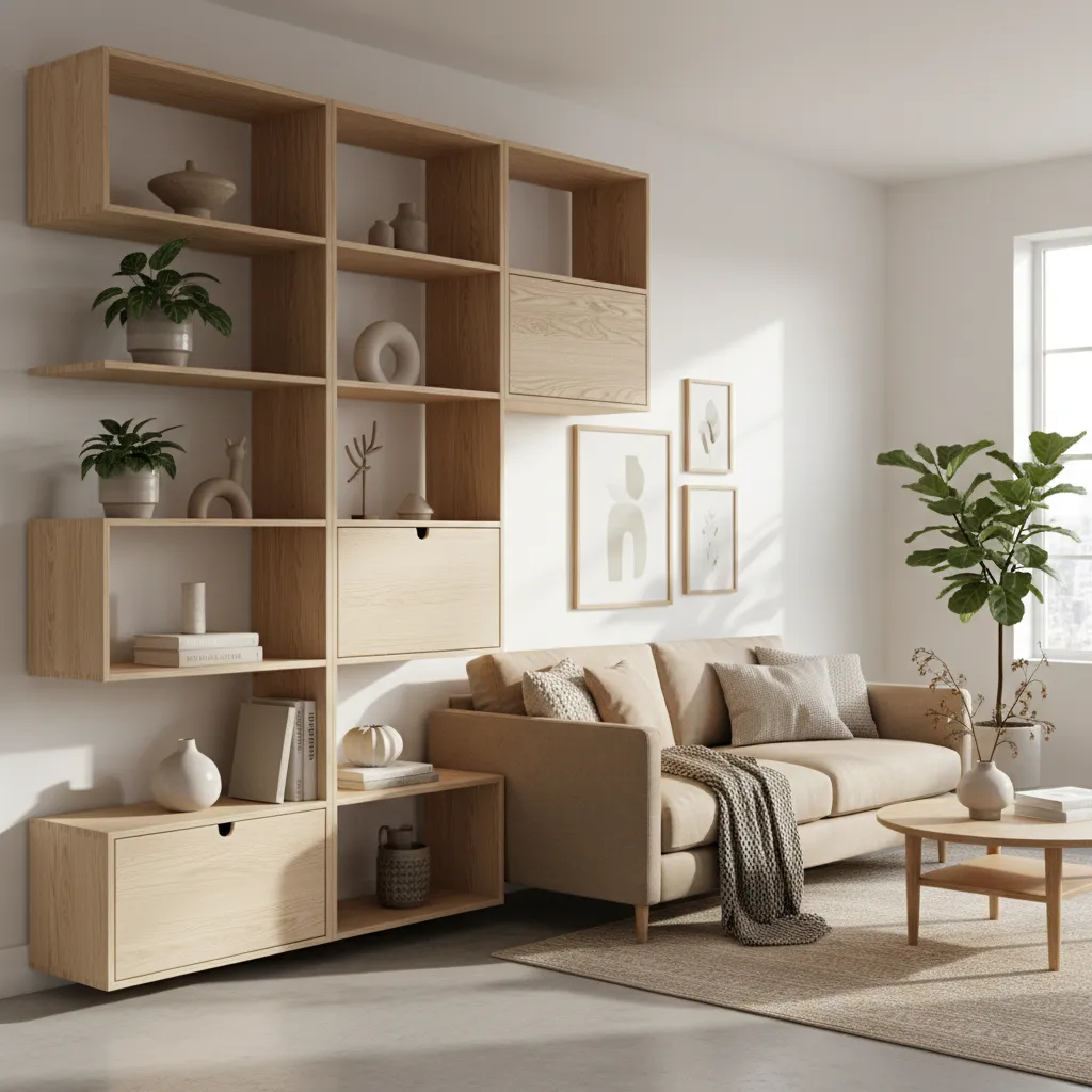Sala de estar con estantería modular y decoración minimalista