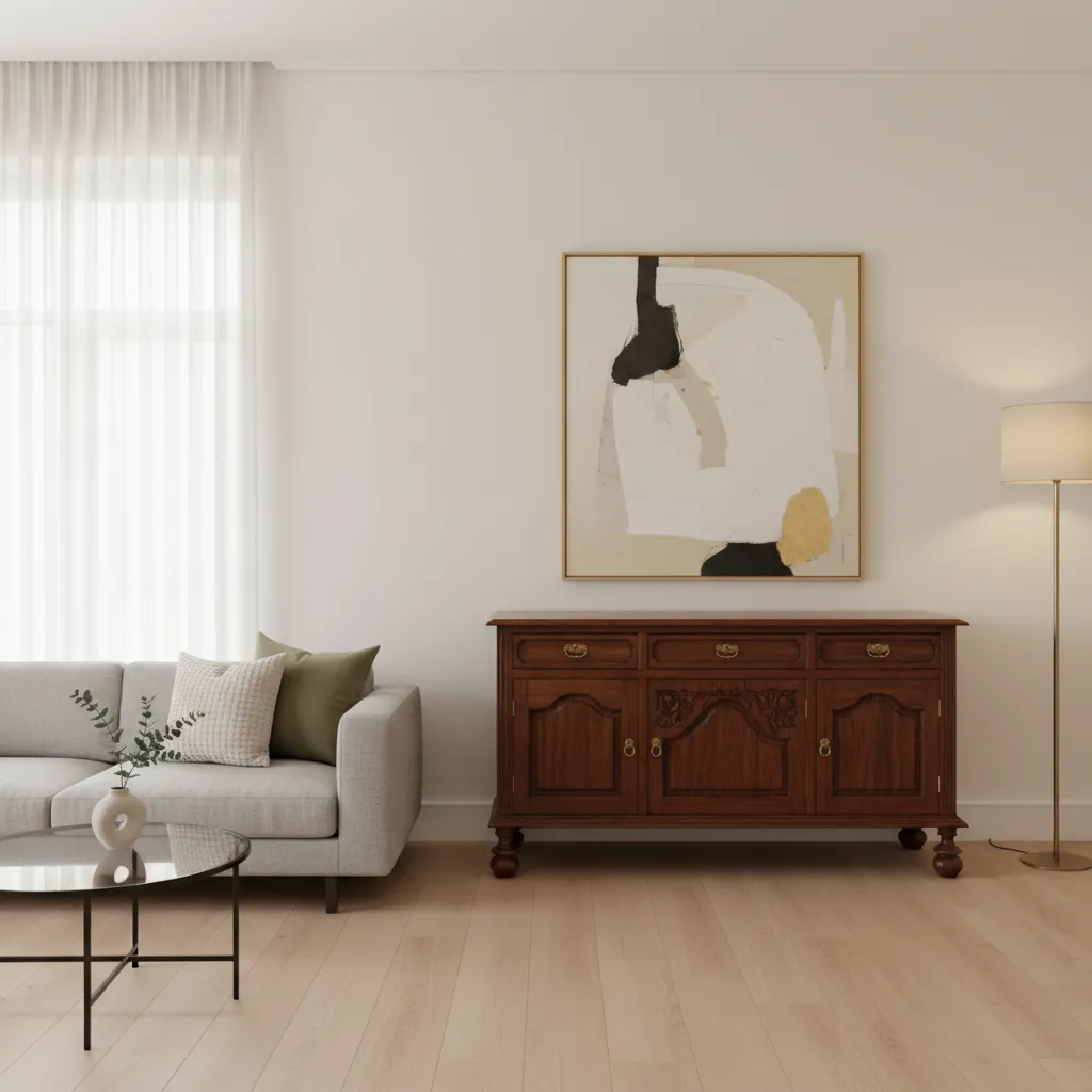 Modern living room featuring grey sofa dark wood cabinet abstract wall art floor lamp curtains