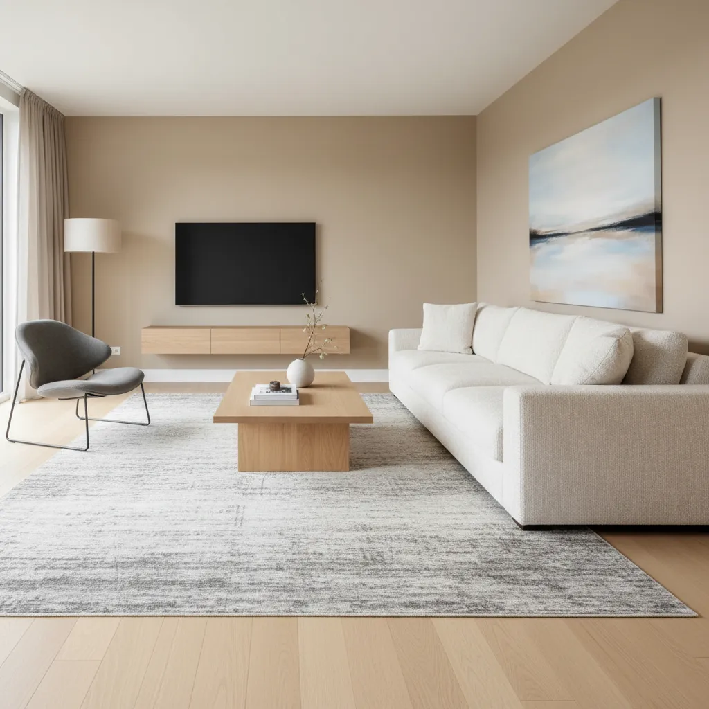 salón con sofá grande, alfombra amplia y mesa de centro