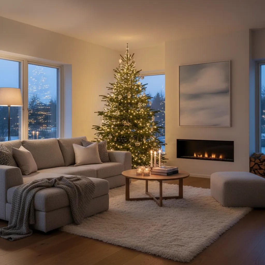 Salón con árbol de Navidad decorado y luces cálidas