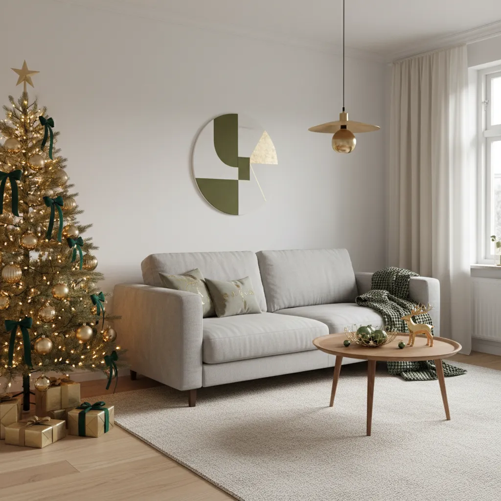 Salón minimalista con decoración navideña en tonos verdes y dorados