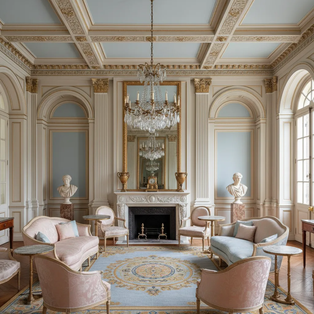 Salón neoclásico francés con decoración inspirada en Grecia y Roma