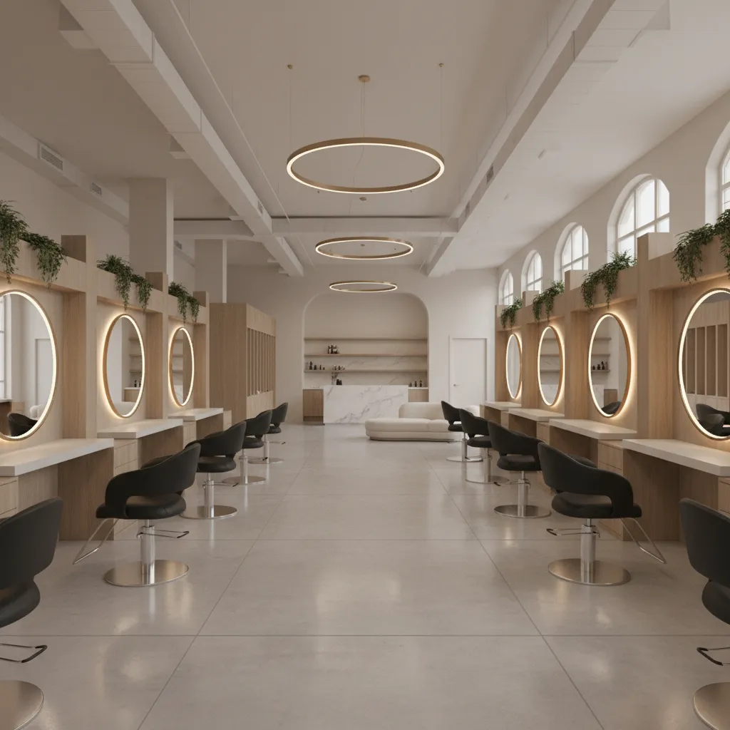 Open concept salon interior with styling stations arranged for good traffic flow