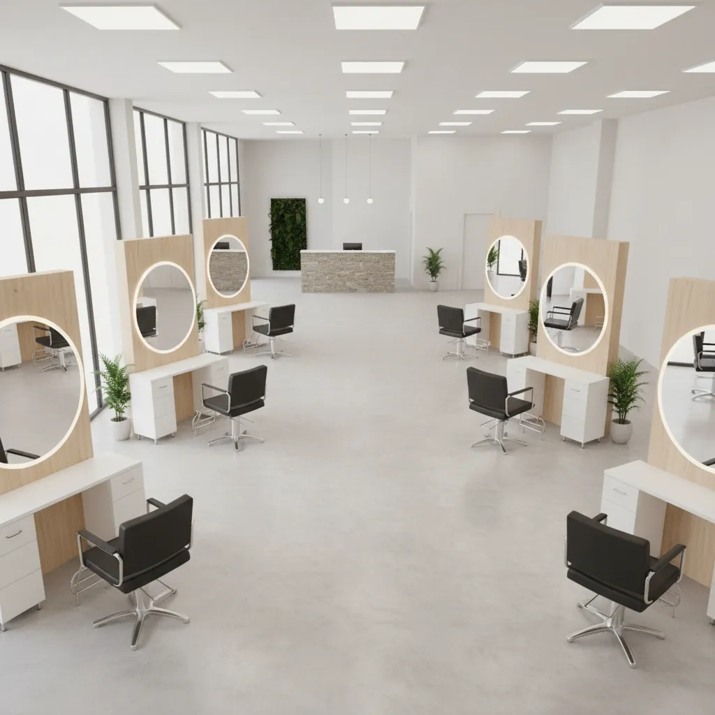 Open salon layout showing stylist workstations and circulation paths