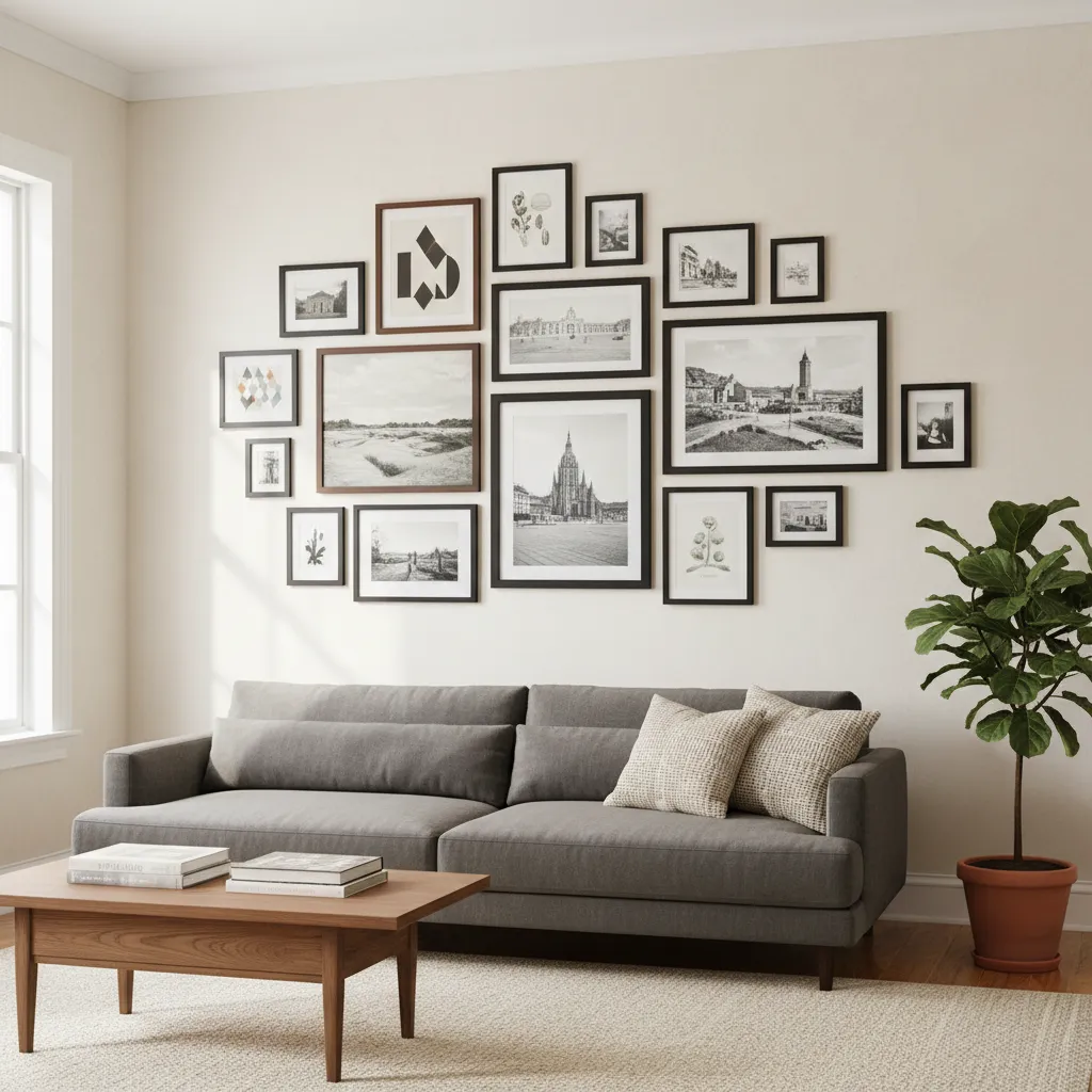 Mixed frame sizes arranged in salon and organic gallery wall style