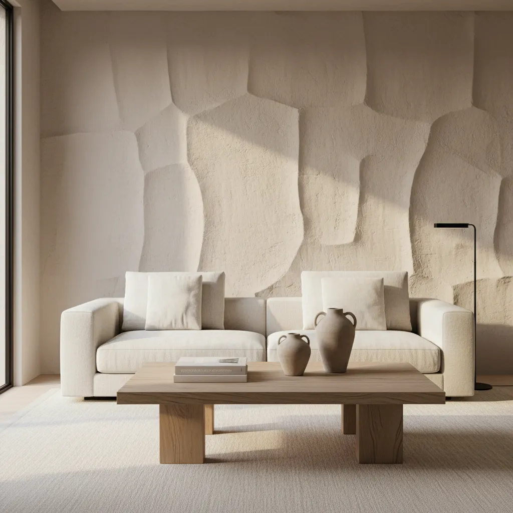 Salón contemporáneo con pared enfoscada como pared principal