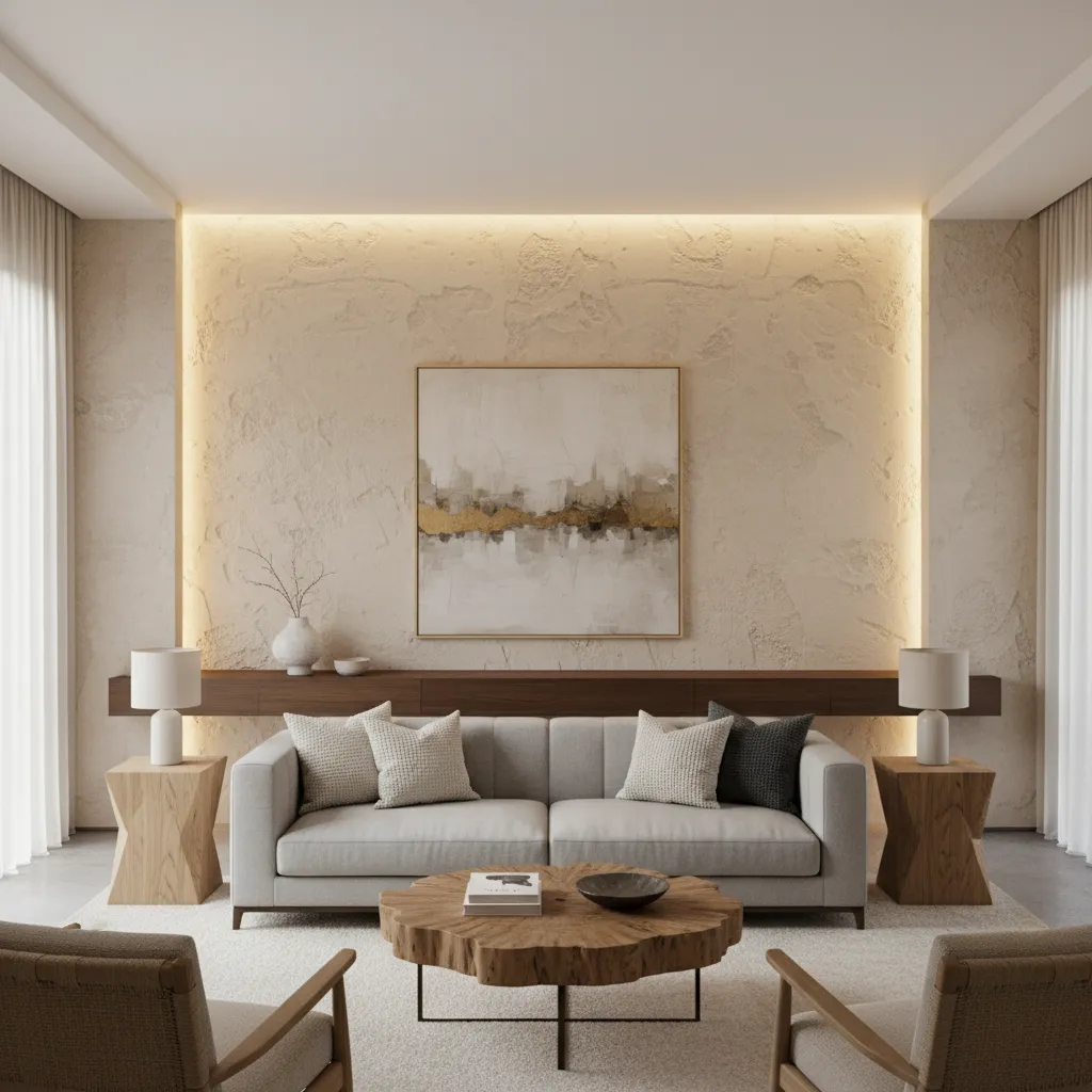 Salón contemporáneo con pared estucada detrás del sofá