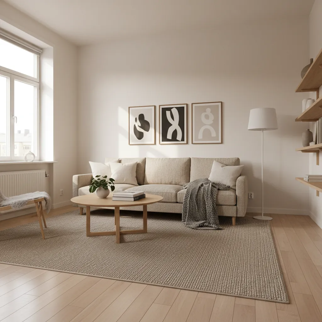 Bright living room featuring beige sofa round wood coffee table floor lamp and wall art