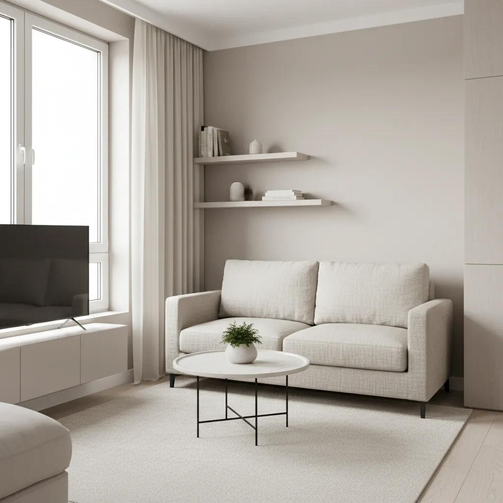 Pequeño salón bien organizado con muebles ligeros y colores neutros