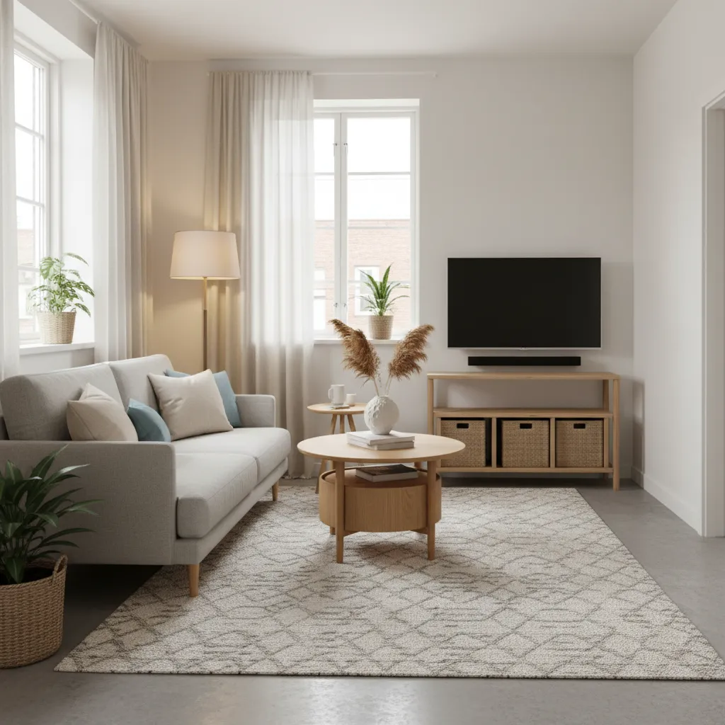 Modern living room with grey sofa wooden coffee table television set and a patterned rug